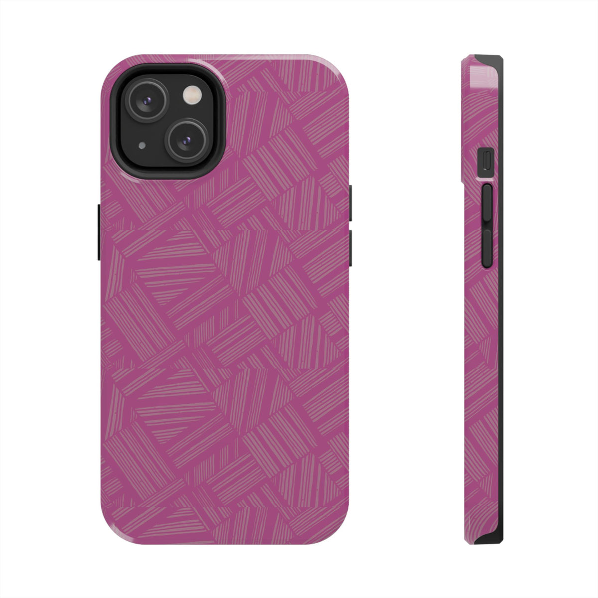 Magenta Geo Pattern Tough Phone Case — Protective Floral-Style Abstract Design, wireless charging iphone 18 pro case shown in a lifestyle desk setting.