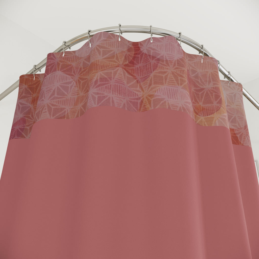 Close-up of the Blush Rose Geometric Shower Curtain, showcasing the intricate geometric bokeh textures against a muted terracotta band. A chic choice for quick-drying shower curtains.