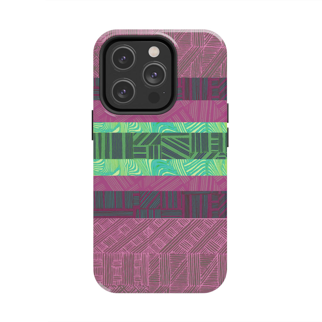 Fractyl glossy protective iphone 18 pro max case, Geometric Stripes Tough Phone Case — Purple & Teal Tribal Pattern, protective camera opening detail