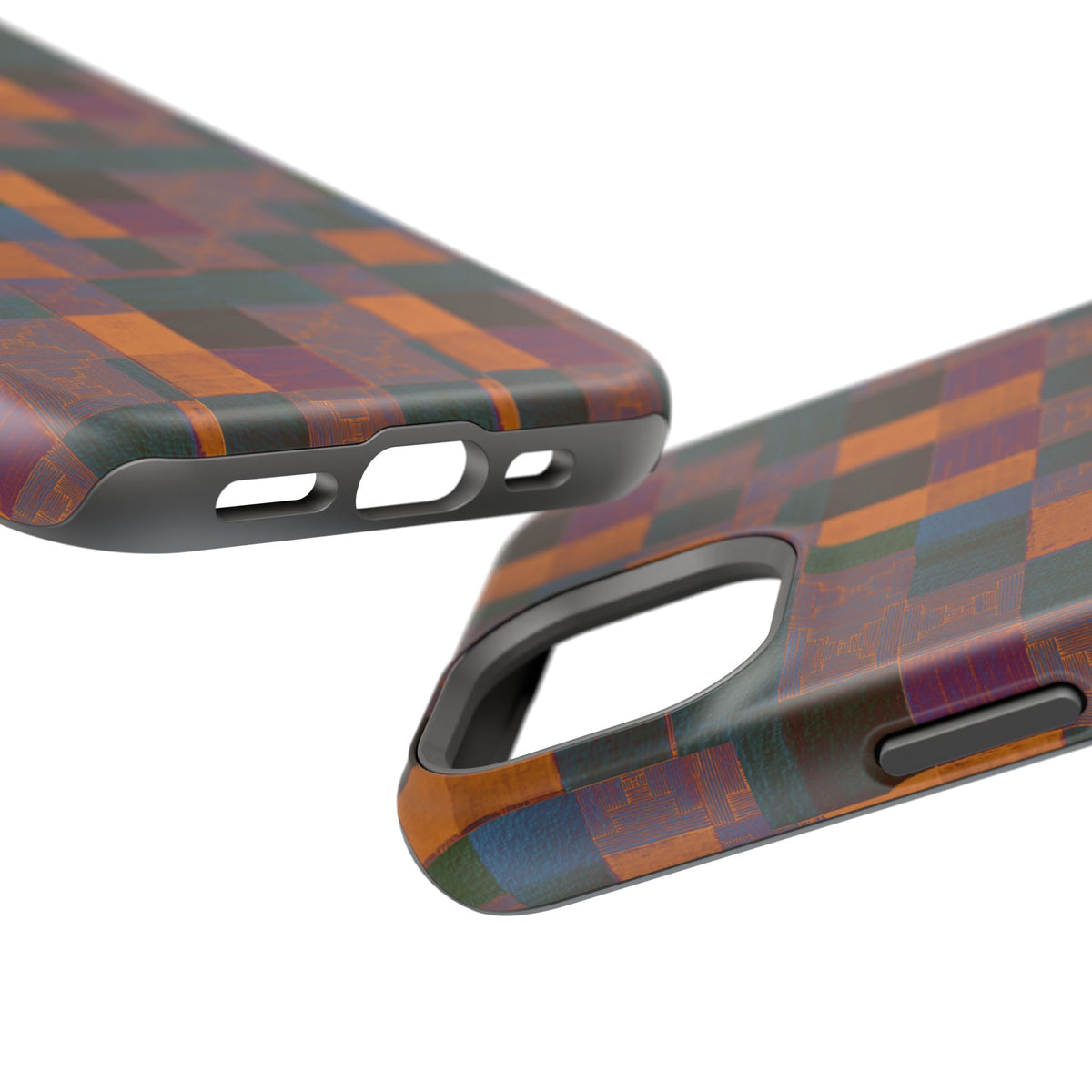 Impact-Resistant Phone Case — Retro Checkerboard Pattern, Fractyl wireless charging iphone 18 pro case highlighting the textured green, orange, and plum square pattern.