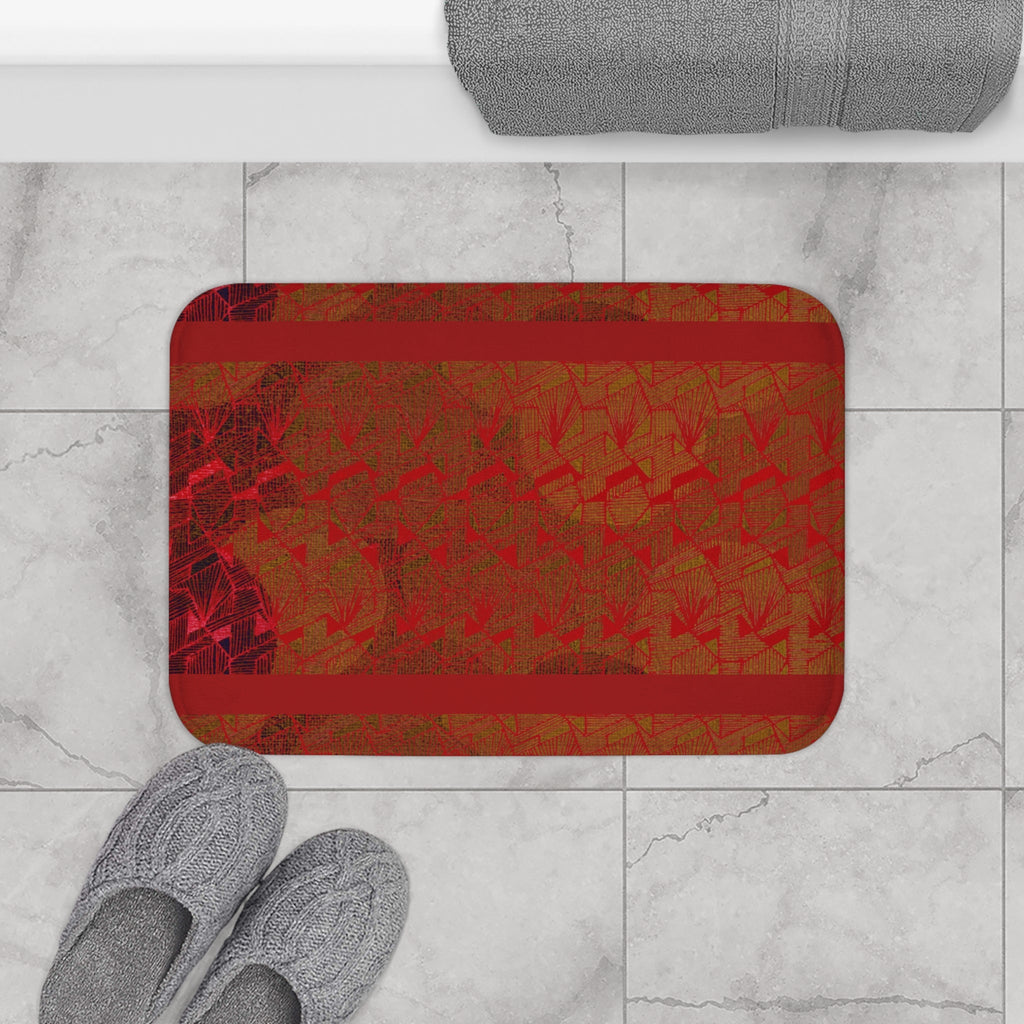 Red Abstract Stripes Bath Mat — Warm Textured Bathroom Rug