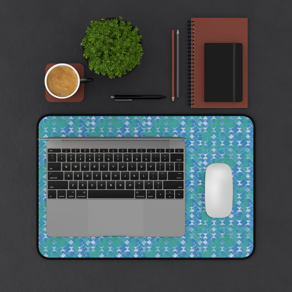 Blue Green Abstract Waves Desk Mat — Patterned Office Mousepad, large desk mat styled with a laptop, wireless mouse, coffee, and office accessories