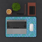 Blue Green Abstract Waves Desk Mat — Patterned Office Mousepad, large desk mat styled with a laptop, wireless mouse, coffee, and office accessories