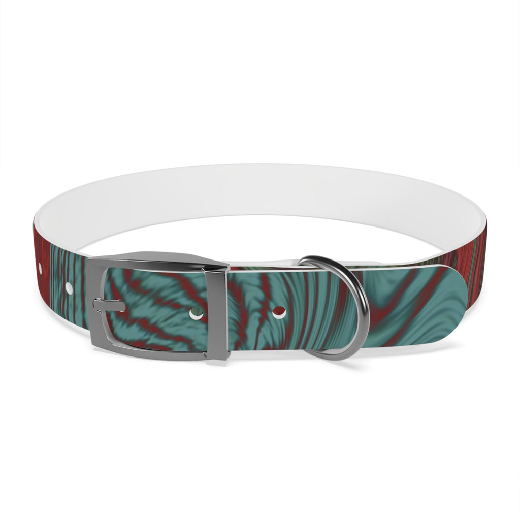 Silver buckle featured on the Marbled Swirl Dog Collar — Red & Teal Abstract Pet Collar, emphasizing its essential hypoallergenic dog collar qualities.