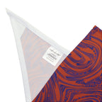 Close-up detail of Pet Bandana — Abstract Swirl Purple & Orange Pattern designed for dogs, highlighting the sewn-in label. This pet bandana for dogs combines vibrant colors and quality craftsmanship, making it a fantastic addition to any wardrobe. Ideal for everyday pet accessories, it's perfect for both small dog bandana and large dog bandana sizes, offering a stylish touch for festive events or Halloween.
