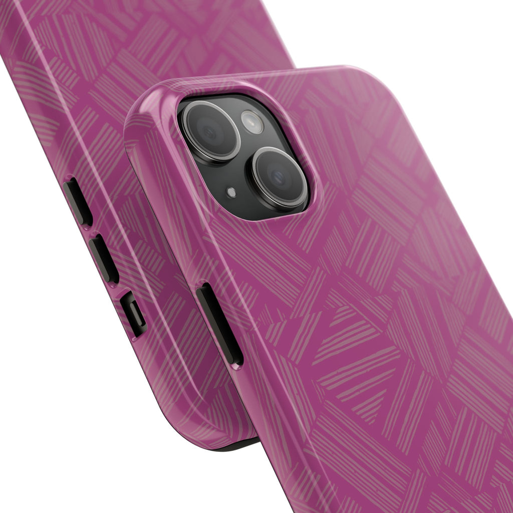 Magenta Geo Pattern Tough Phone Case — Protective Floral-Style Abstract Design, wireless charging iphone 18 pro case close-up with triple-lens camera cutout.