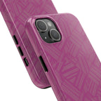 Magenta Geo Pattern Tough Phone Case — Protective Floral-Style Abstract Design, wireless charging iphone 18 pro case close-up with triple-lens camera cutout.