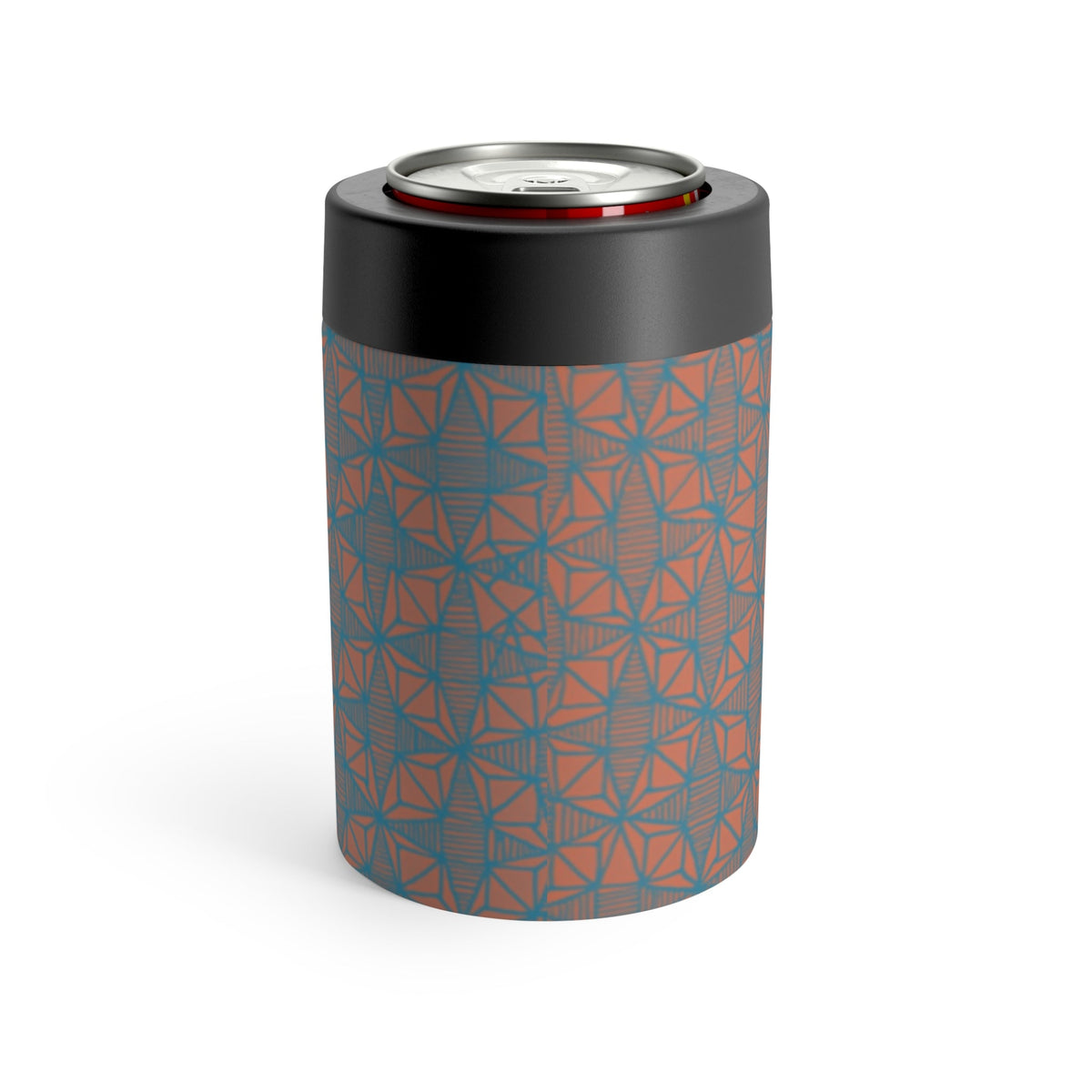 Close-up view of the Geometric Coral Blue Can Cooler, highlighting its unique pattern. This sweat-free drink holder is ideal for beach days and picnics.
