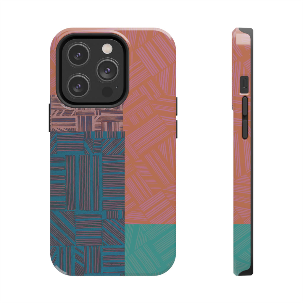 Abstract Geometric Tough Phone Case — Retro Block Pattern, retro iphone 18 pro max case photographed on a desk beside earbuds, notebook, and laptop.