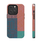 Abstract Geometric Tough Phone Case — Retro Block Pattern, retro iphone 18 pro max case photographed on a desk beside earbuds, notebook, and laptop.