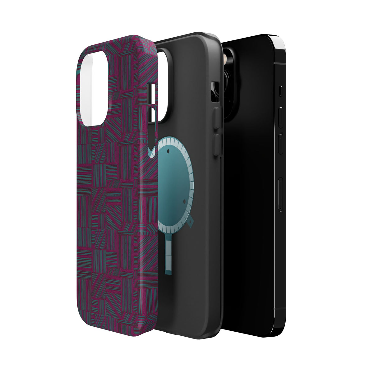 Slim Protective Phone Case With MagSafe, Dual-Layer Impact Protection, Plum Geometric Design, lifestyle display of the slim case standing on a wooden surface; slim protective iphone 16 promax  case.