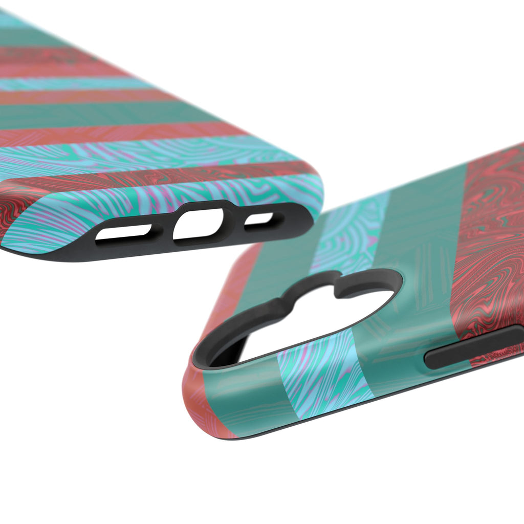 Striped Teal & Coral Magnetic Impact Phone Case close-up showing protective camera ring, Fractyl magsafe compatible iphone 18 pro max case