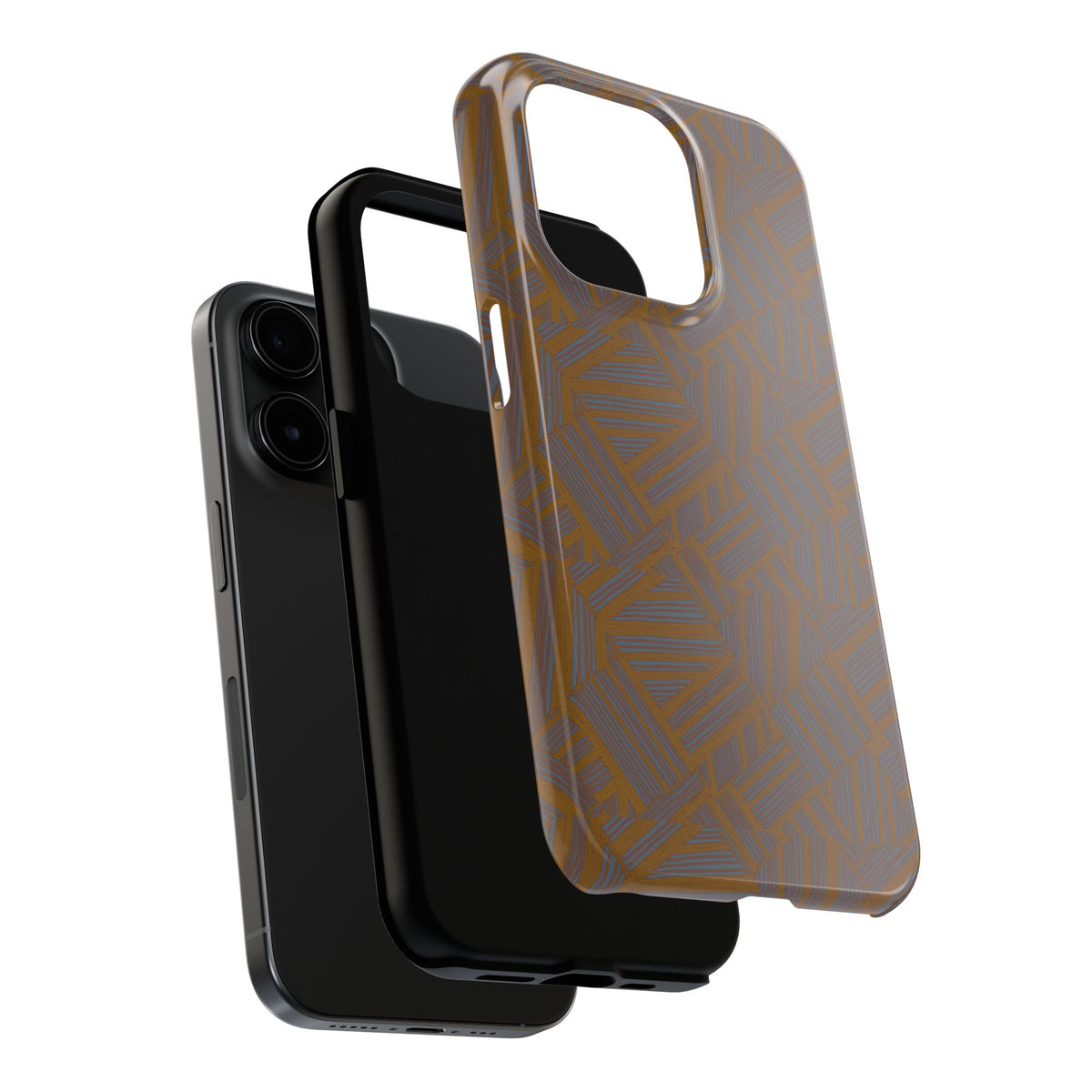 Tough Phone Case — Geometric Maze Brown Protective Cover, wireless charging iphone 18 pro max case close-up with triple-camera protection and textured geometric print.