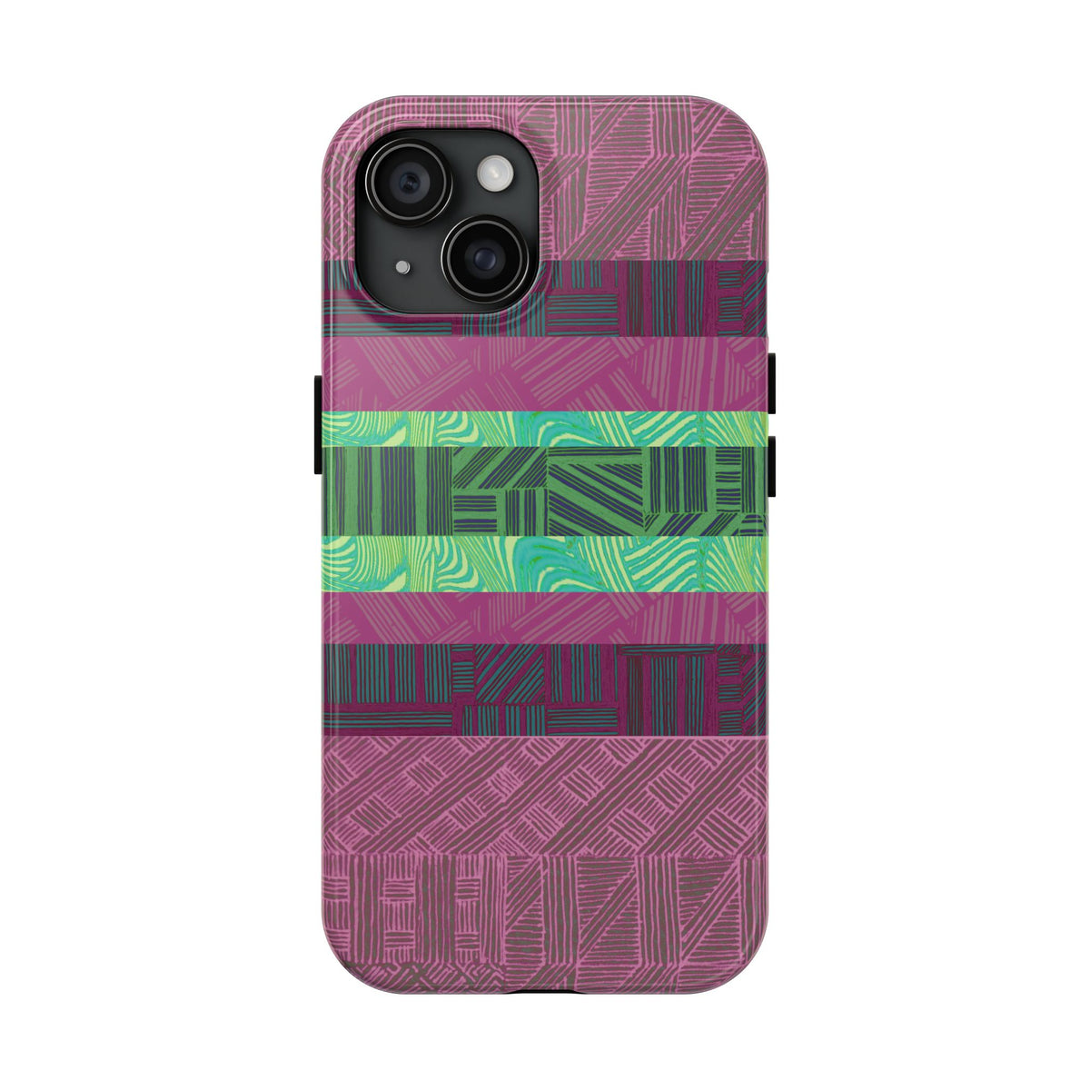 Fractyl glossy protective iphone 18 pro max case, Geometric Stripes Tough Phone Case — Purple & Teal Tribal Pattern, textured tribal stripe pattern