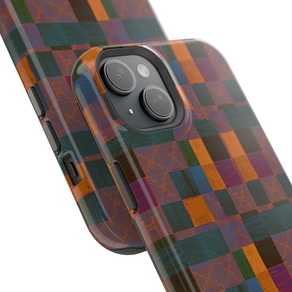 Impact-Resistant Phone Case — Retro Checkerboard Pattern, Fractyl wireless charging iphone 18 pro case shown in an angled close-up of the camera and side controls.