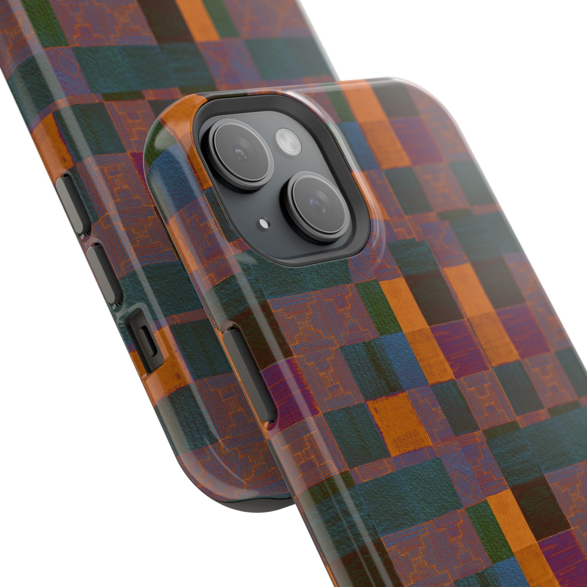 Impact-Resistant Phone Case — Retro Checkerboard Pattern, Fractyl wireless charging iphone 18 pro case shown in an angled close-up of the camera and side controls.