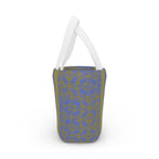 Trendy Geometric Blue Olive Insulated Lunch Bag in a unique shape, the ultimate compact lunch bag for on-the-go lifestyles.