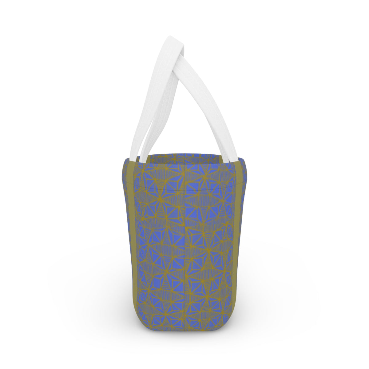 Trendy Geometric Blue Olive Insulated Lunch Bag in a unique shape, the ultimate compact lunch bag for on-the-go lifestyles.