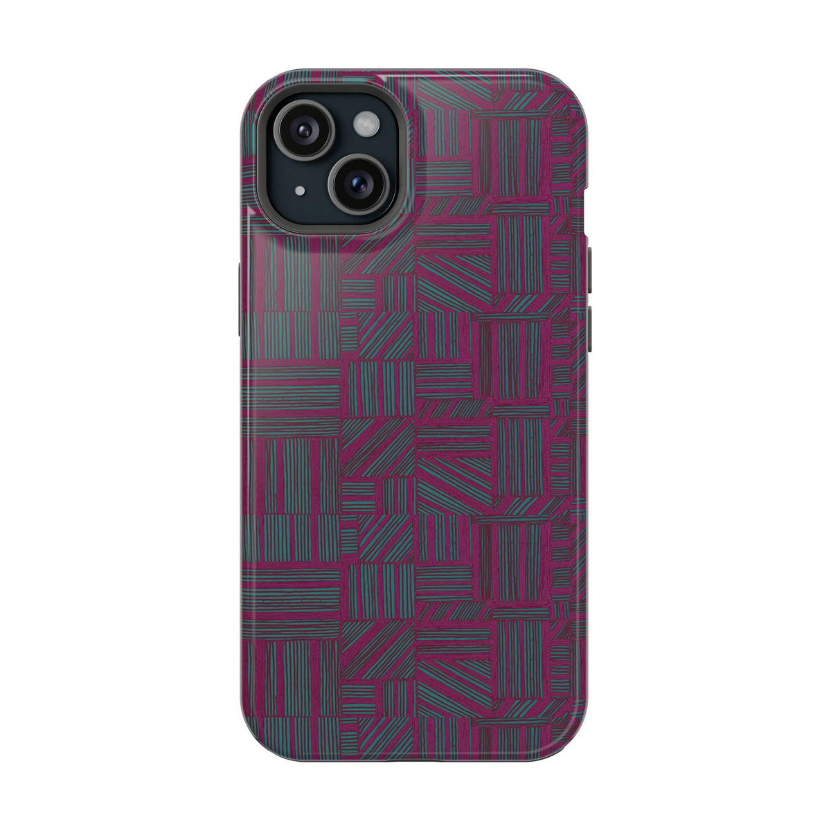Slim Protective Phone Case With MagSafe, Dual-Layer Impact Protection, Plum Geometric Design, triple-camera phone case shown from the back; slim protective iphone 16 promax  case.