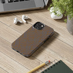 Tough Phone Case — Geometric Maze Brown Protective Cover, wireless charging iphone 18 pro max case presented in a slim side-by-side product view.