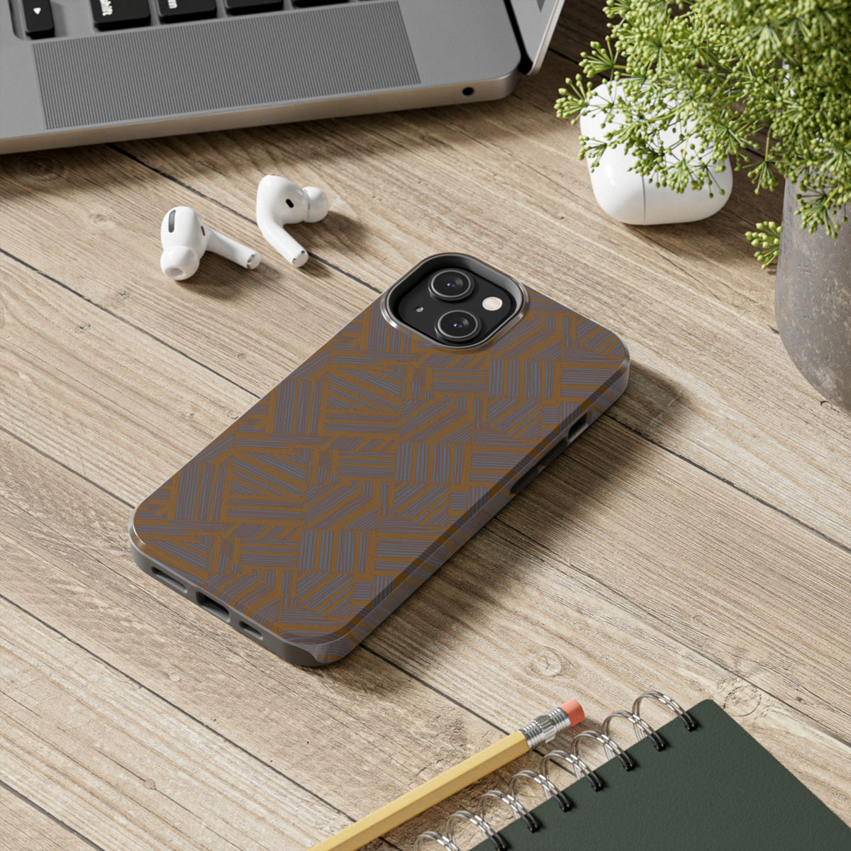 Tough Phone Case — Geometric Maze Brown Protective Cover, wireless charging iphone 18 pro max case presented in a slim side-by-side product view.