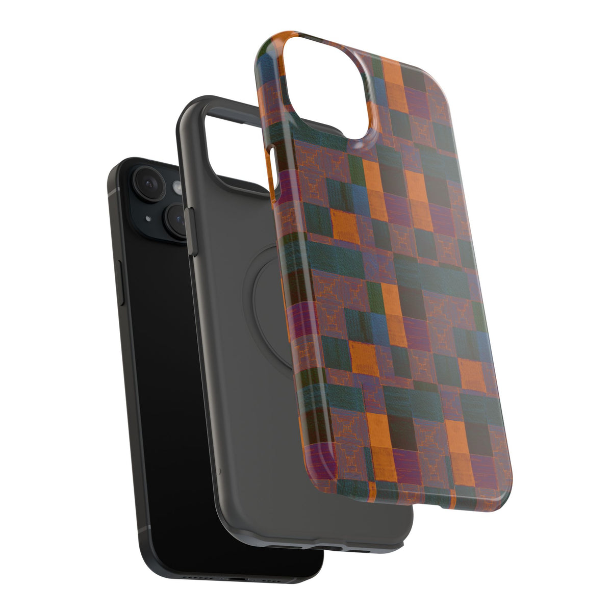 Impact-Resistant Phone Case — Retro Checkerboard Pattern, Fractyl wireless charging iphone 18 pro case displayed on a smartphone with vibrant all-over print protection.