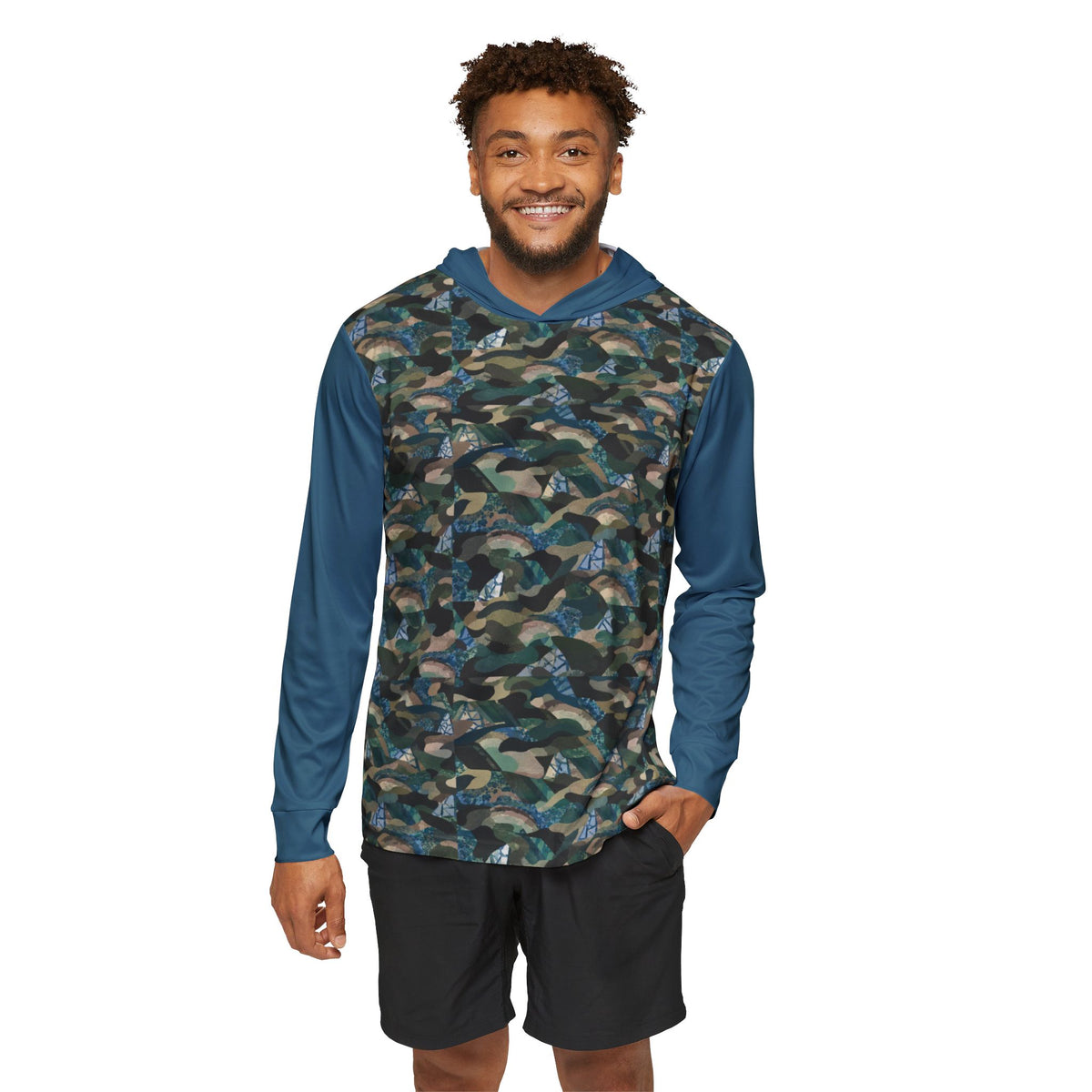 Model wearing the Camo Performance Warmup Hoodie from the front, featuring a blue-green camouflage pattern and teal sleeves for an active camo hiking hoodie look.