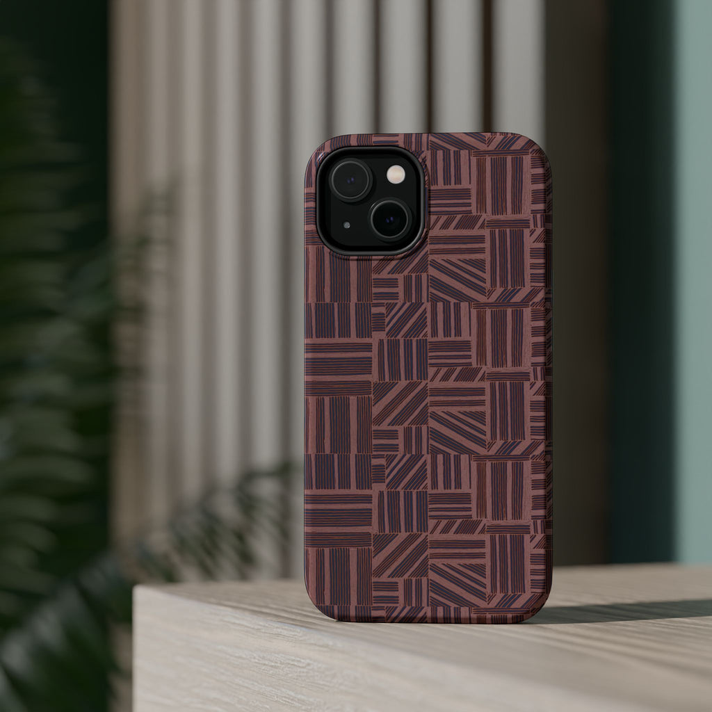 MagSafe Impact Resistant Phone Case - Geometric Brown Pattern, Dual-Layer Protection, protective case shown from the back; impact resistant iphone 17 pro max case