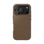 Tough Phone Case — Geometric Maze Brown Protective Cover, wireless charging iphone 18 pro max case with a modern geometric back and raised bezel.