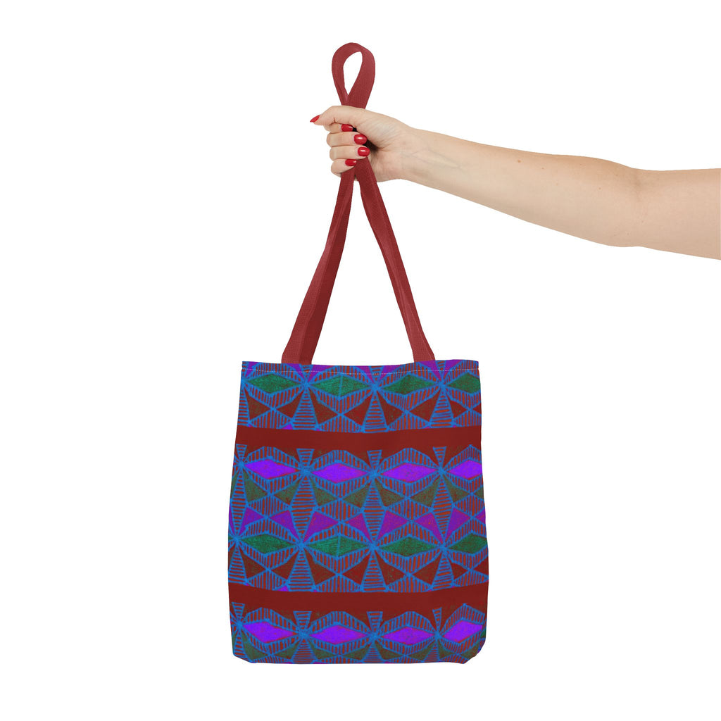 Geometric Heart Pattern Tote Bag — Vintage Tribal All-Over Print, hand-held geometric canvas tote bag with burgundy handles and retro pattern
