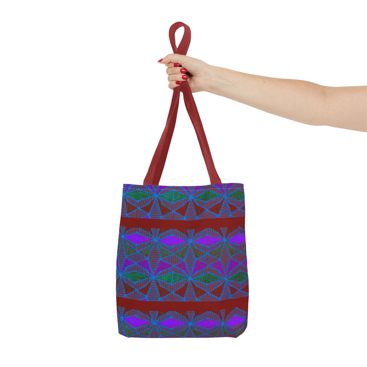Geometric Heart Pattern Tote Bag — Vintage Tribal All-Over Print, hand-held geometric canvas tote bag with burgundy handles and retro pattern