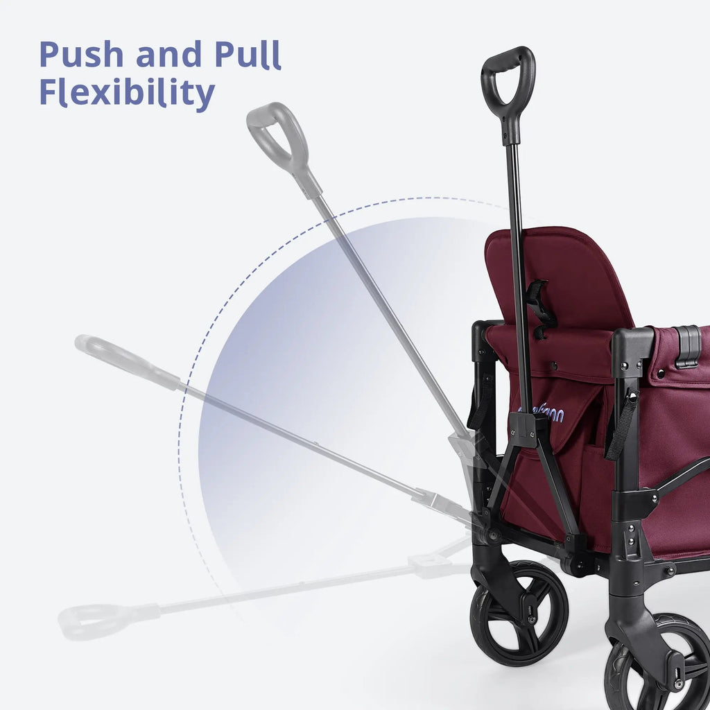 Momfann 2-Seater All-Terrain Stroller Wagon for Kids showing adjustable red pull handle and maneuverability, momfann 2 seater folding stroller wagon, Momfann, Shopify Collective.
