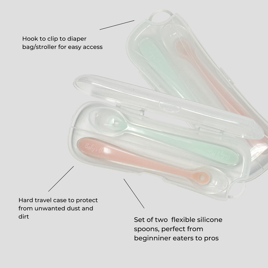 Bite Size Bundle Baby's Brew toddler feeding set spoons in a protective travel case with diaper bag clip