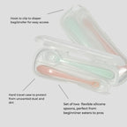 Bite Size Bundle Baby's Brew toddler feeding set spoons in a protective travel case with diaper bag clip
