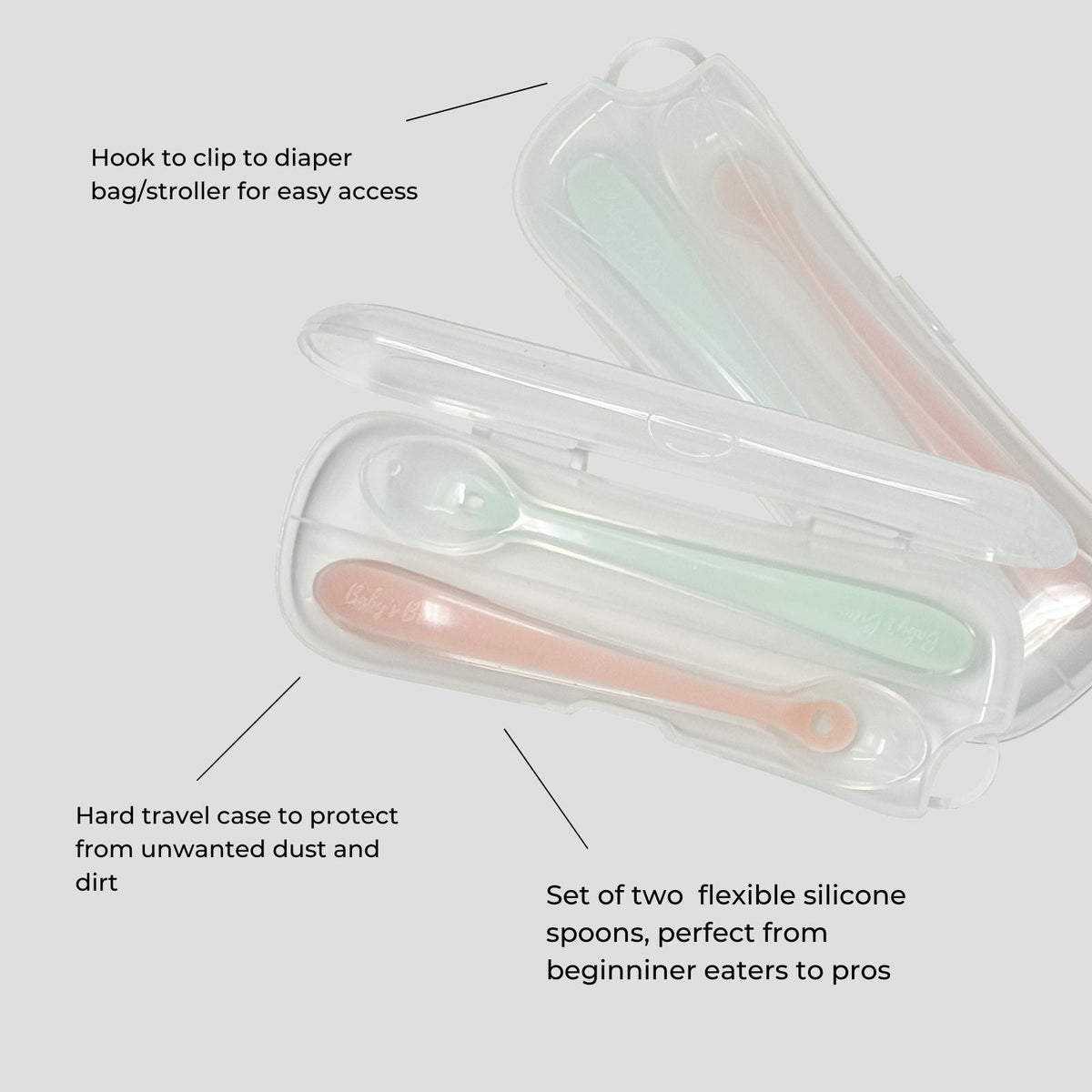 Bite Size Bundle Baby's Brew toddler feeding set spoons in a protective travel case with diaper bag clip