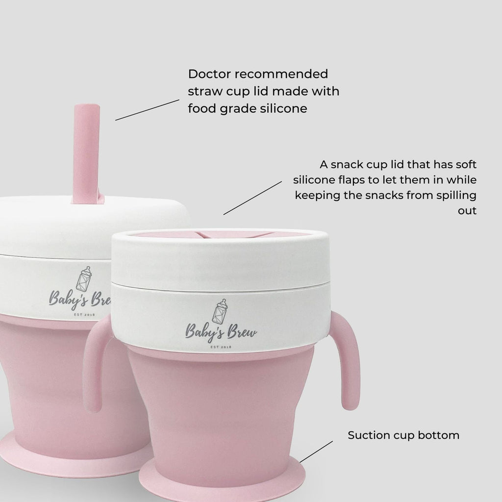 Bite Size Bundle Baby's Brew toddler feeding set snack cup with silicone straw, spill-resistant lid, and suction base