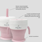 Bite Size Bundle Baby's Brew toddler feeding set snack cup with silicone straw, spill-resistant lid, and suction base