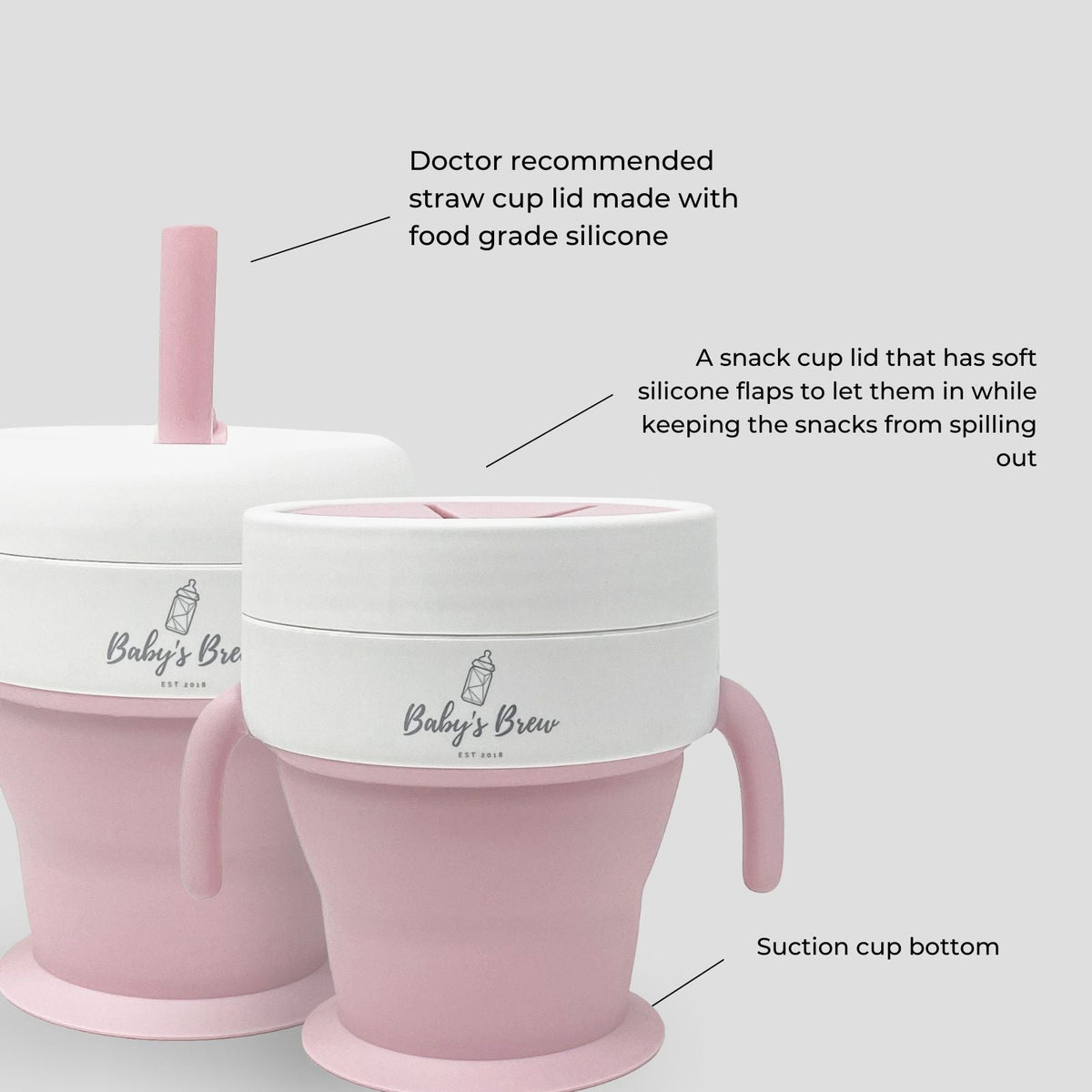 Bite Size Bundle Baby's Brew toddler feeding set snack cup with silicone straw, spill-resistant lid, and suction base