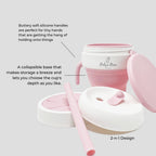 Bite Size Bundle Baby's Brew toddler feeding set showing collapsible snack cup, soft handles, and 2-in-1 design