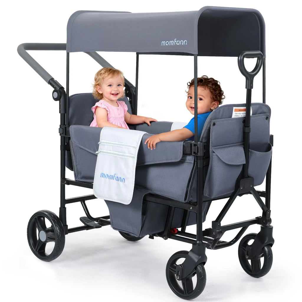 Momfann 2-Seater All-Terrain Stroller Wagon for Kids in gray with two children seated safely, momfann 2 seater folding stroller wagon, Momfann, Shopify Collective.
