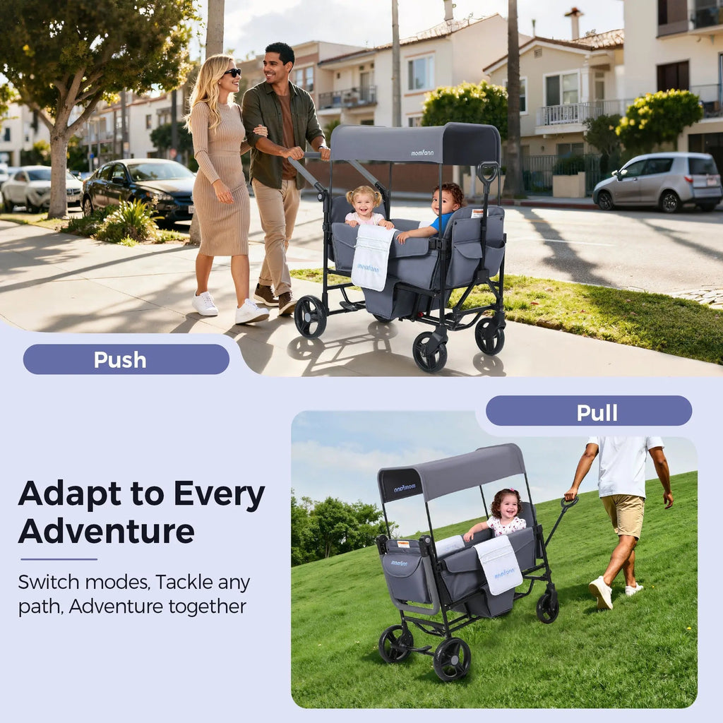 Momfann 2-Seater All-Terrain Stroller Wagon for Kids used for pushing and pulling on neighborhood and park paths, momfann 2 seater folding stroller wagon, Momfann, Shopify Collective.