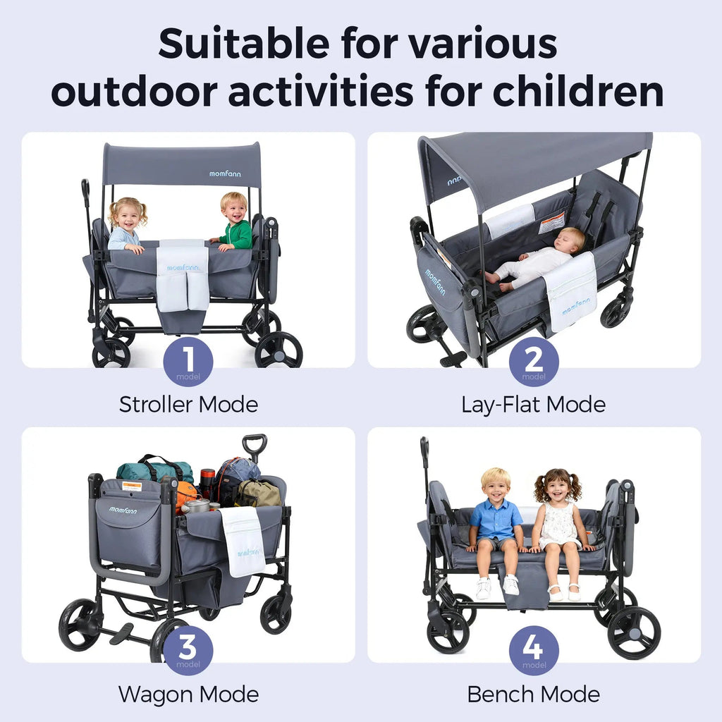 Momfann 2-Seater All-Terrain Stroller Wagon for Kids showing stroller, lay-flat, wagon, and bench modes, momfann 2 seater folding stroller wagon, Momfann, Shopify Collective.