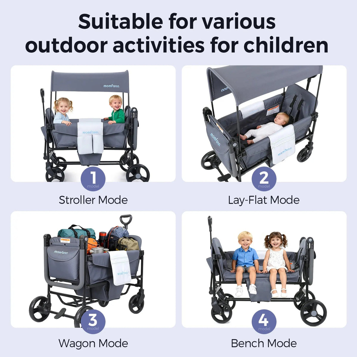 Momfann 2-Seater All-Terrain Stroller Wagon for Kids showing stroller, lay-flat, wagon, and bench modes, momfann 2 seater folding stroller wagon, Momfann, Shopify Collective.