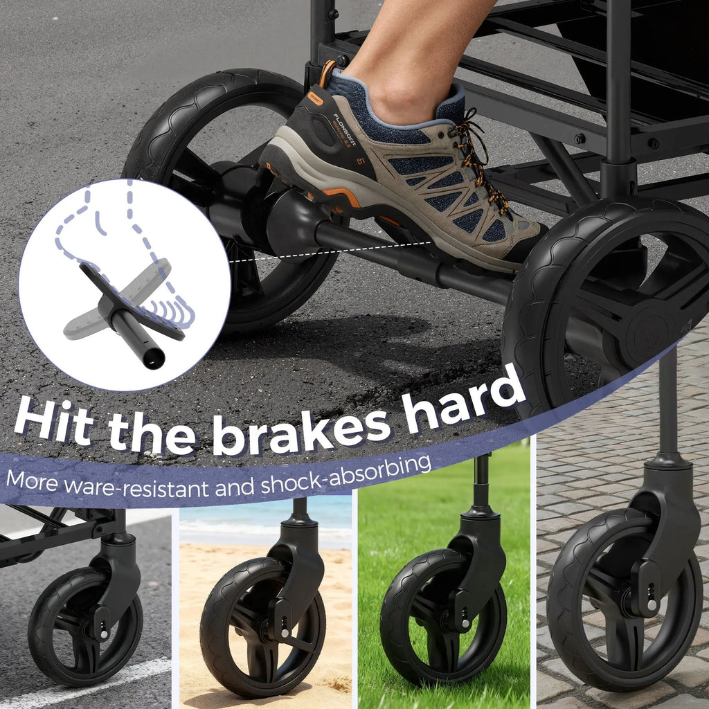 Momfann 2-Seater All-Terrain Stroller Wagon for Kids with durable brakes and shock-absorbing wheels on varied surfaces, momfann 2 seater folding stroller wagon, Momfann, Shopify Collective.