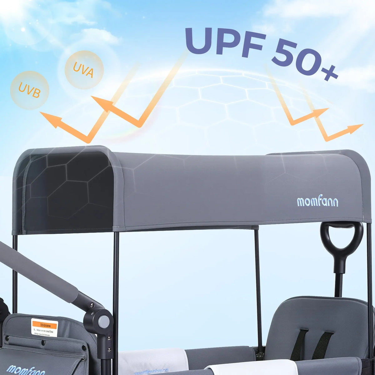 Momfann 2-Seater All-Terrain Stroller Wagon for Kids with gray UPF 50+ canopy, momfann 2 seater folding stroller wagon sun protection, Momfann, Shopify Collective.