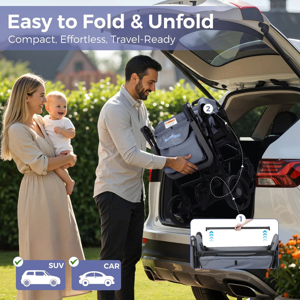 Momfann 2-Seater All-Terrain Stroller Wagon for Kids folded into an SUV, showing compact travel-ready momfann 2 seater folding stroller wagon, Momfann, Shopify Collective.
