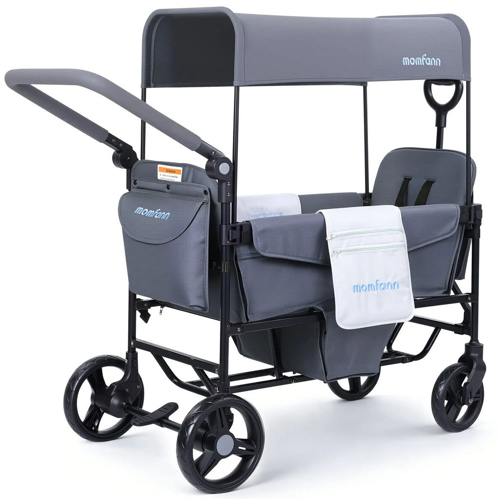 Momfann 2-Seater All-Terrain Stroller Wagon for Kids in gray with canopy and storage bag, momfann 2 seater folding stroller wagon, Momfann, Shopify Collective.