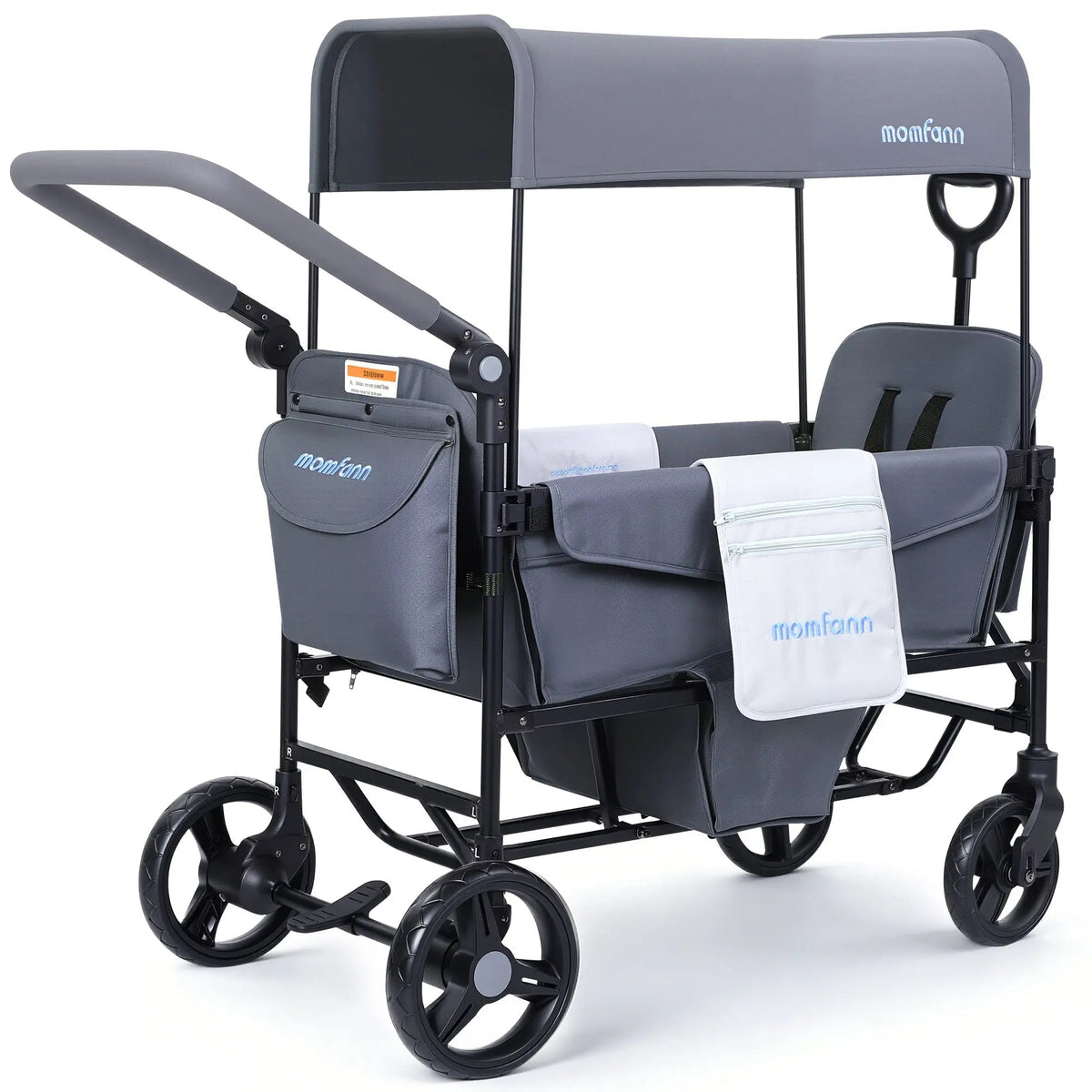 Momfann 2-Seater All-Terrain Stroller Wagon for Kids in gray with canopy and storage bag, momfann 2 seater folding stroller wagon, Momfann, Shopify Collective.