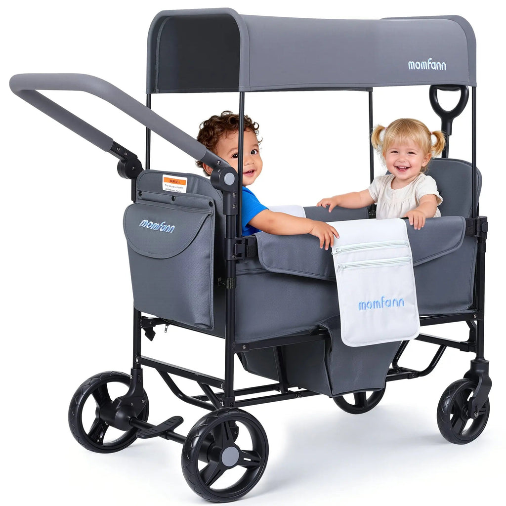 Momfann 2-Seater All-Terrain Stroller Wagon for Kids in gray carrying two children with safety harnesses, momfann 2 seater folding stroller wagon, Momfann, Shopify Collective.