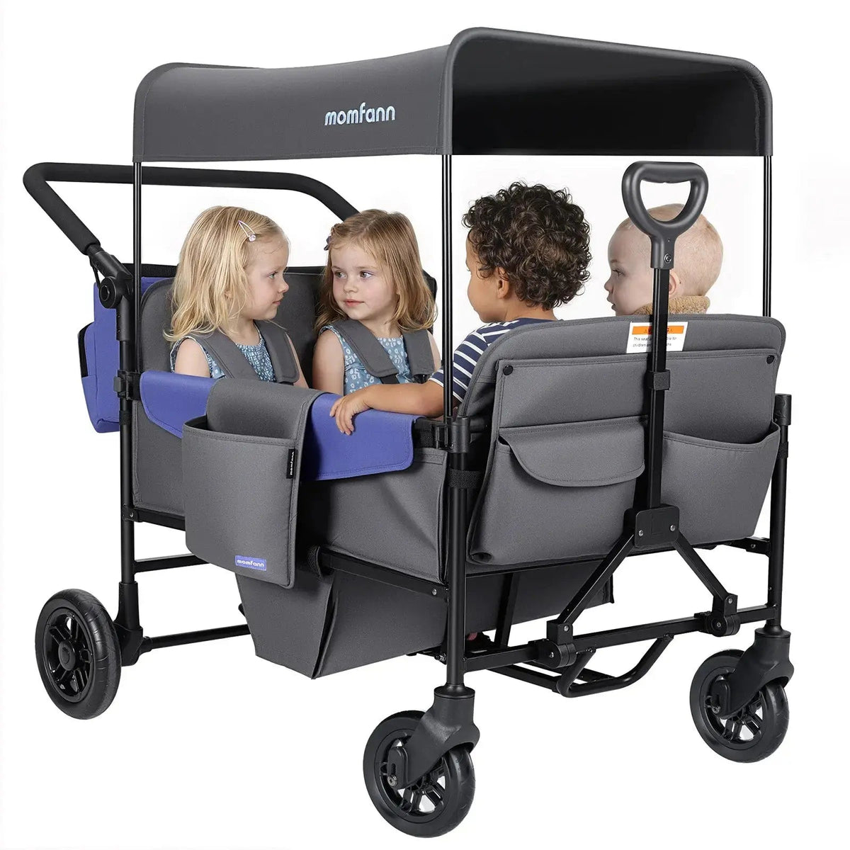 Momfann 2-Seater All-Terrain Stroller Wagon for Kids four-seat configuration with canopy and rear storage, momfann 2 seater folding stroller wagon, Momfann, Shopify Collective.